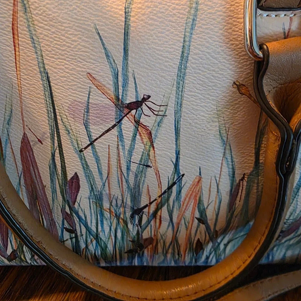 Parfois Dragonfly Nature Print Satchel Crossbody Bag Tan Blue White Cottagecore